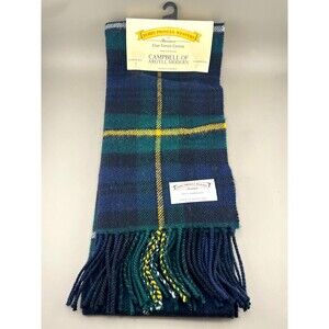 Vtg James Pringle Weavers Scottish Lambswool Scarf Blue Tartan Plaid Blue Green